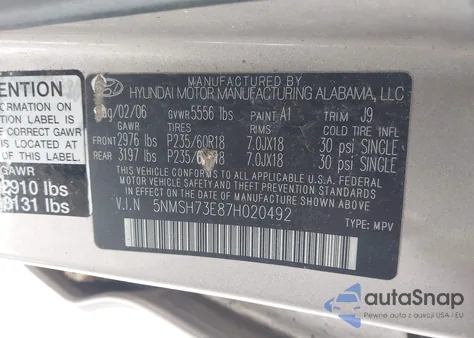 2007 Hyundai Santa Fe Limited/Se from USA, damaged, VIN 5NMSH73E87H020492